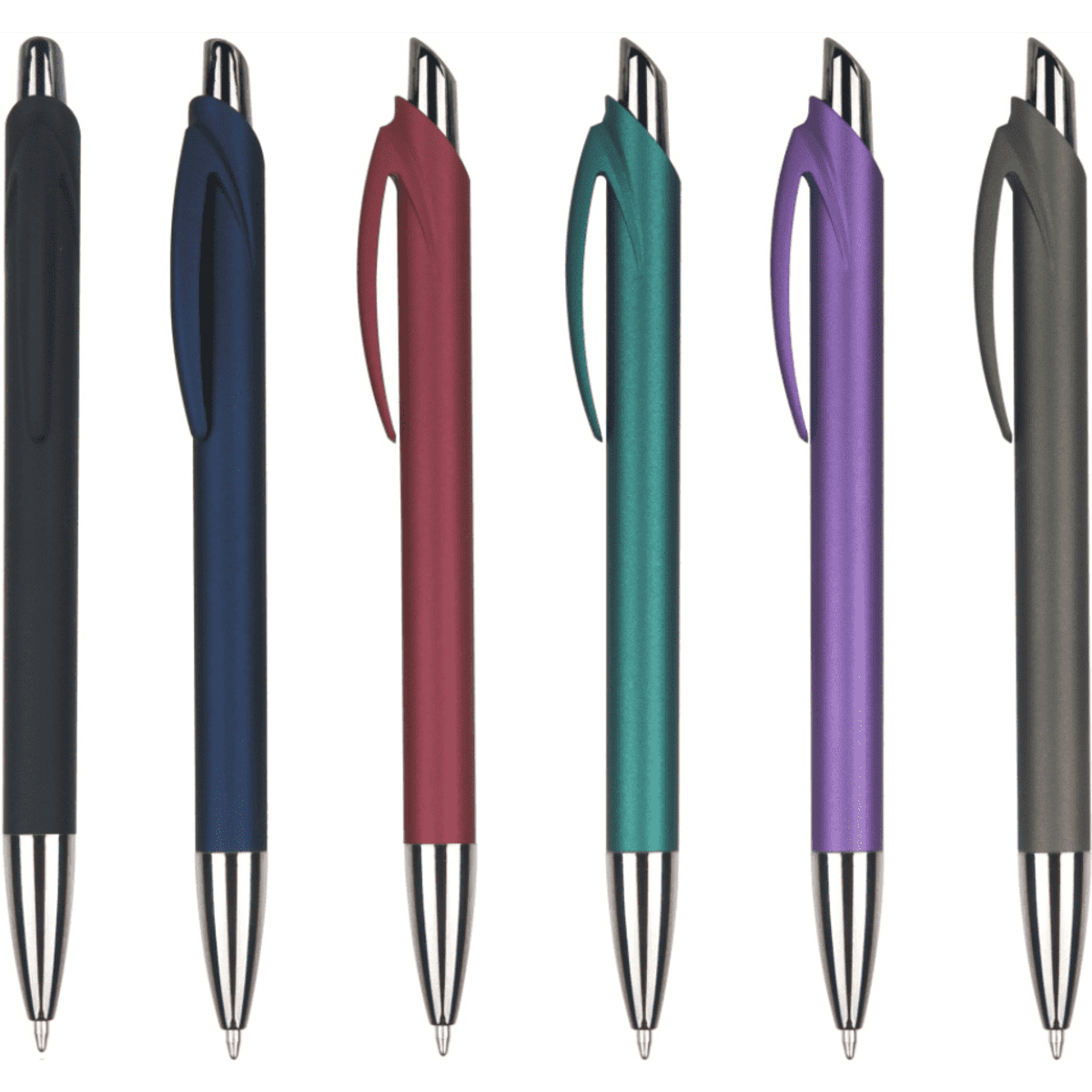 A collection of plastic pens in black, navy, red, teal, purple, and grey, each with a shiny metal tip and clip.