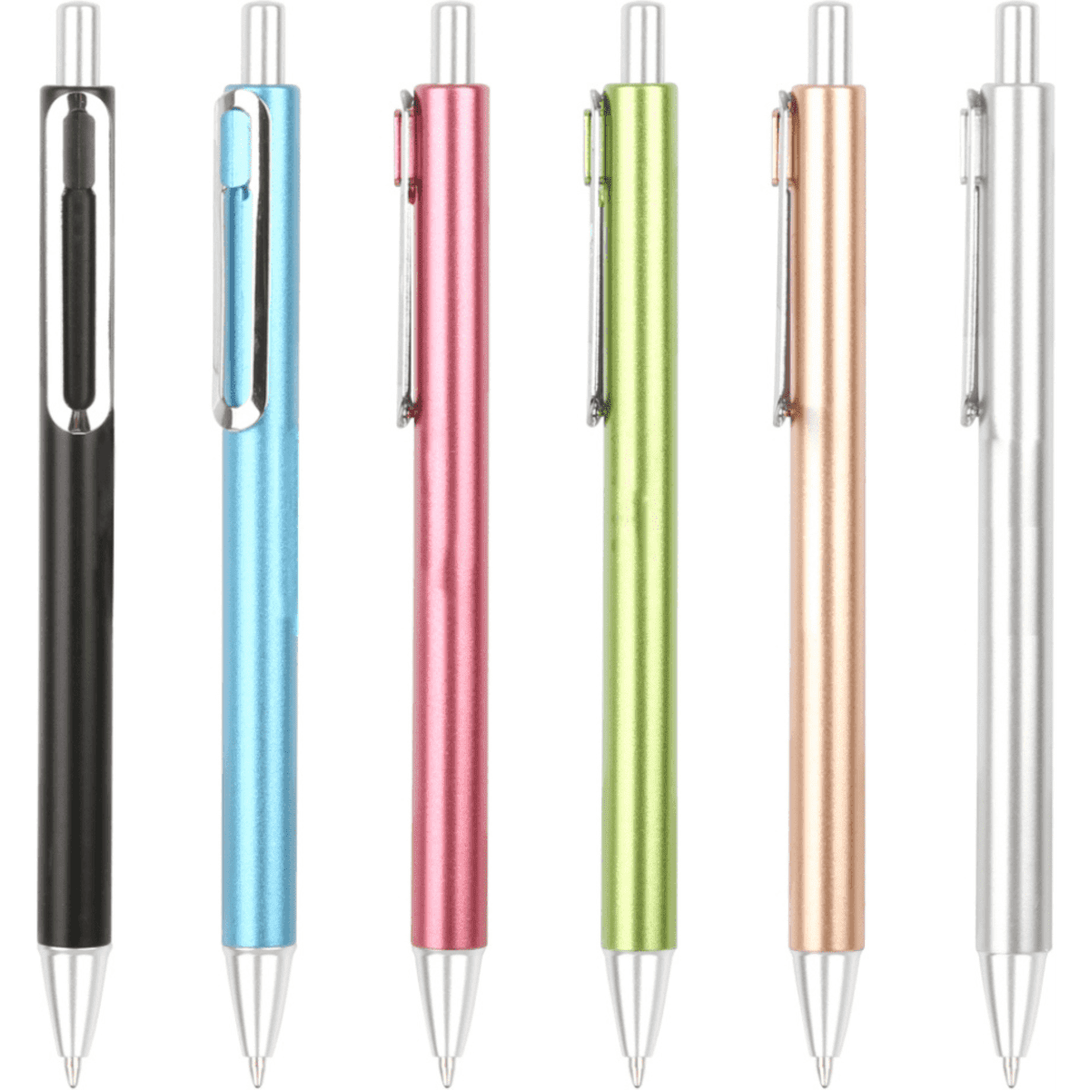 A collection of plastic pens in black, blue, pink, green, copper, and silver, with silver accents and clip.