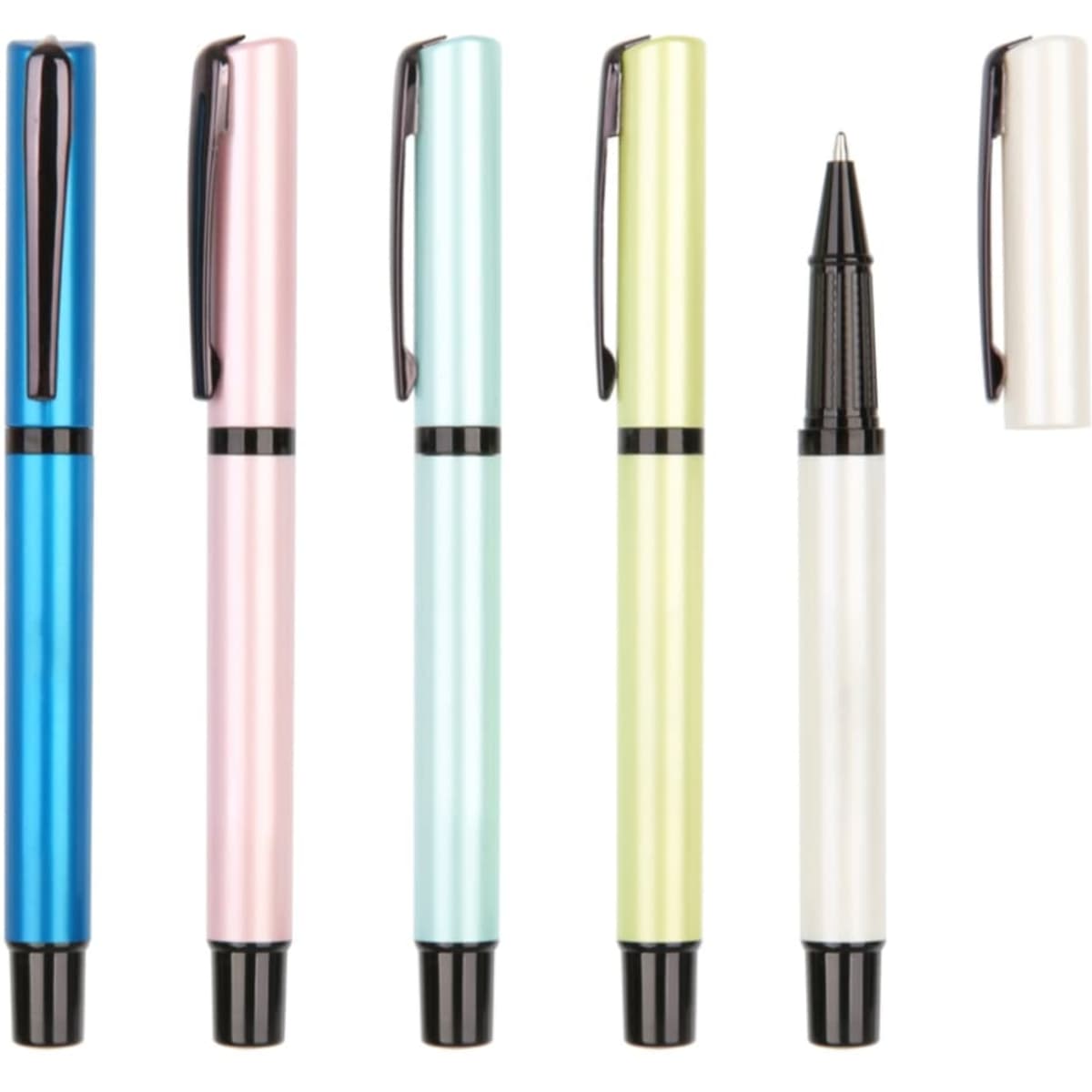 A set of Avalanche plastic pens in blue, pink, light blue, green, and white, featuring a branding logo.