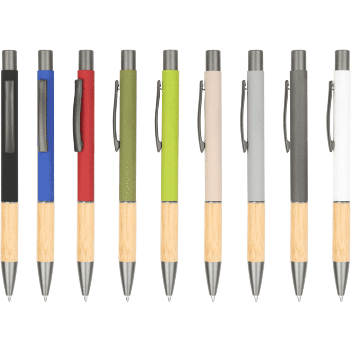 A collection of metal pens in black, blue, red, green, beige, grey, and white with bamboo accents, featuring clips and branding.