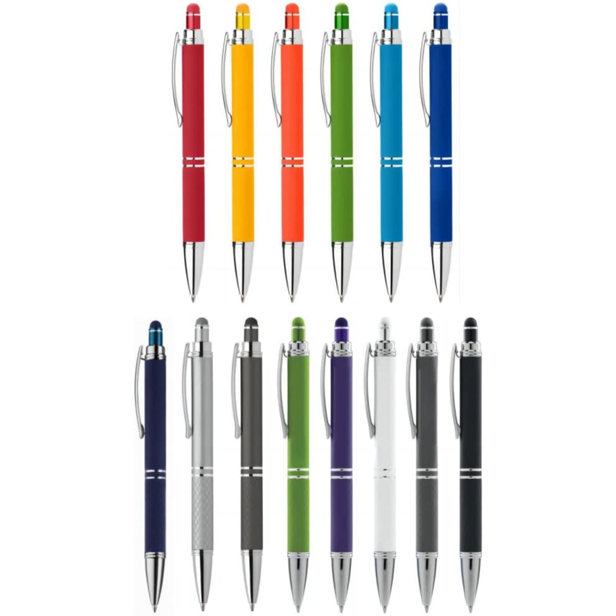 A collection of colourful pens in red, orange, yellow, green, blue, purple, grey, white, and black, with silver accents.