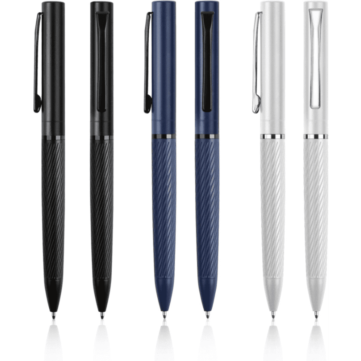 A collection of three Orion pens in black, navy blue, and silver, featuring a textured grip and clips.