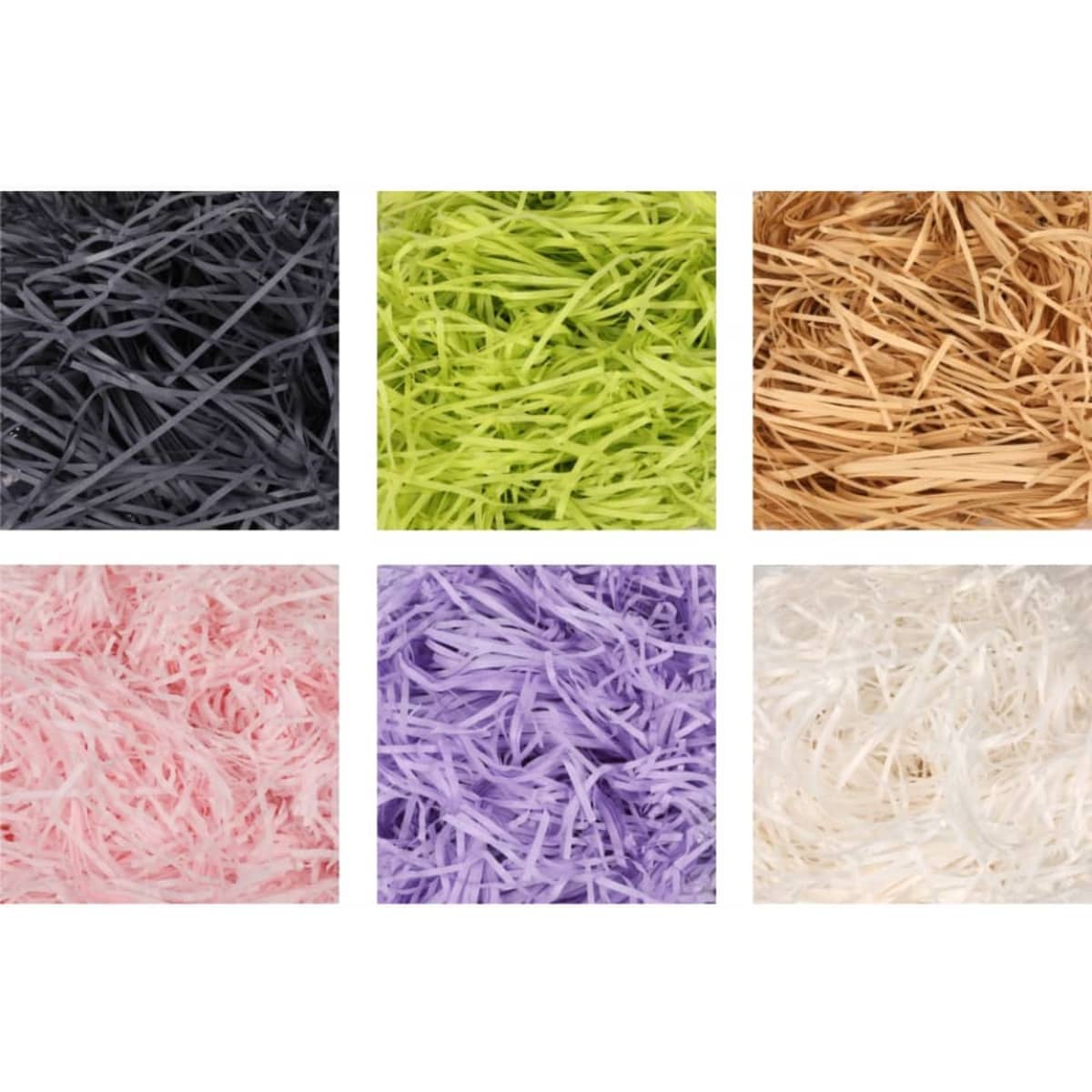 A collection of shredded paper filler in six colours: black, lime green, tan, pink, lavender, and white.