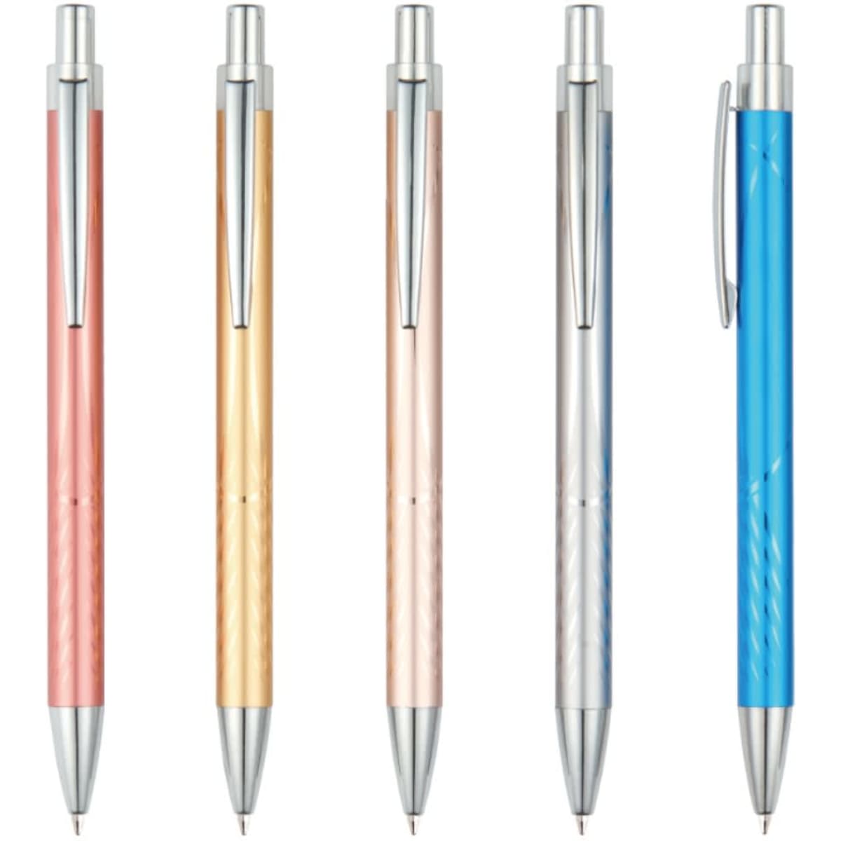 A selection of five Rocket aluminium pens in pink, gold, silver, blue, and a rose tone, each with a sleek design and clip.