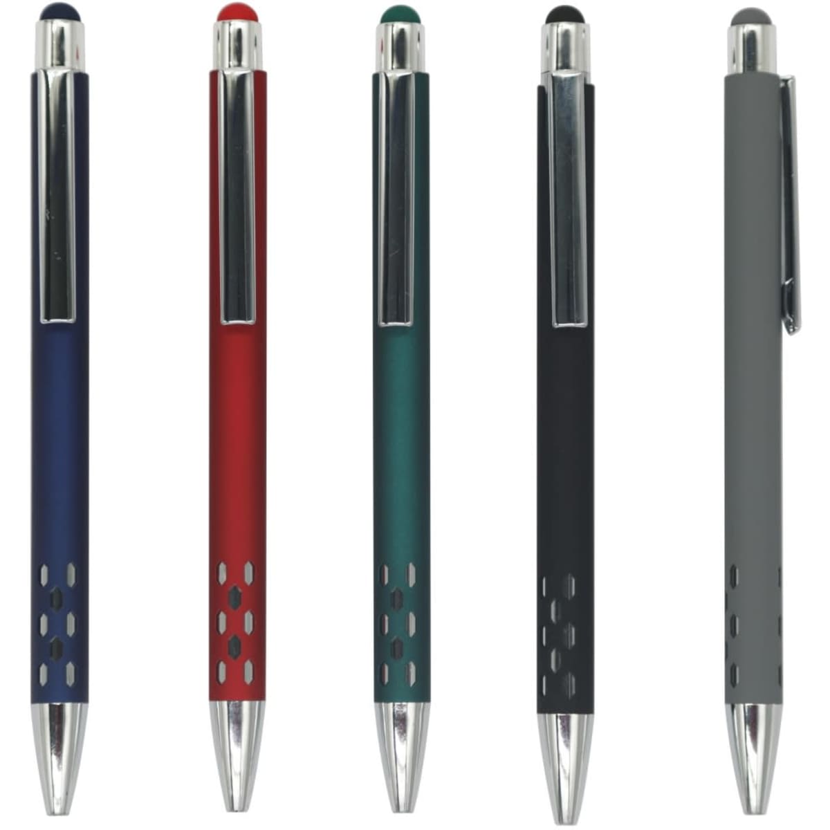 A collection of Gatling aluminium pens in blue, red, green, black, and grey, featuring a silver clip and accents.