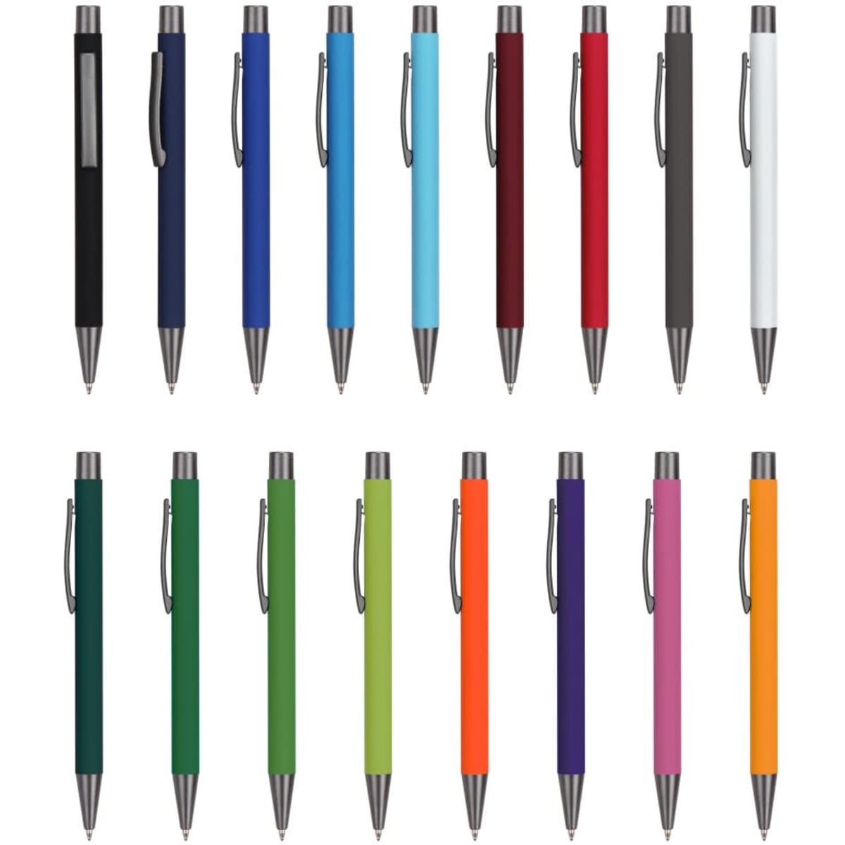 A collection of Polar aluminium pens in various colours, including black, blue, green, and orange, with silver accents.