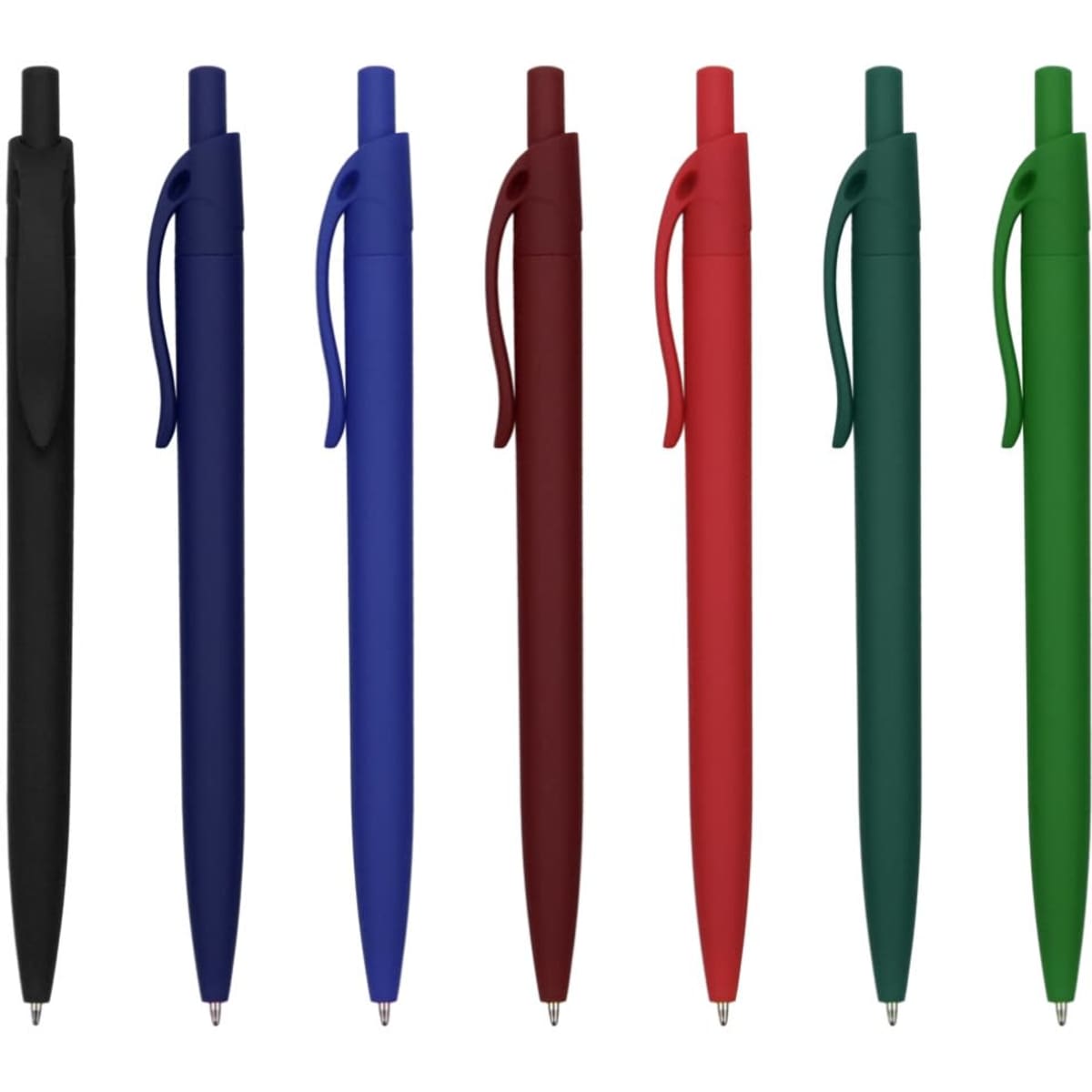 A collection of pens in black, blue, burgundy, red, and green, featuring a simple design and clip for ease of use.