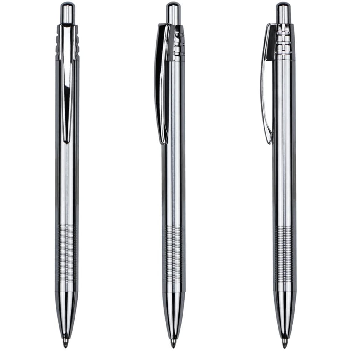 A polished stainless steel pen with a sleek design, featuring a clip and textured grip, shown from three angles.