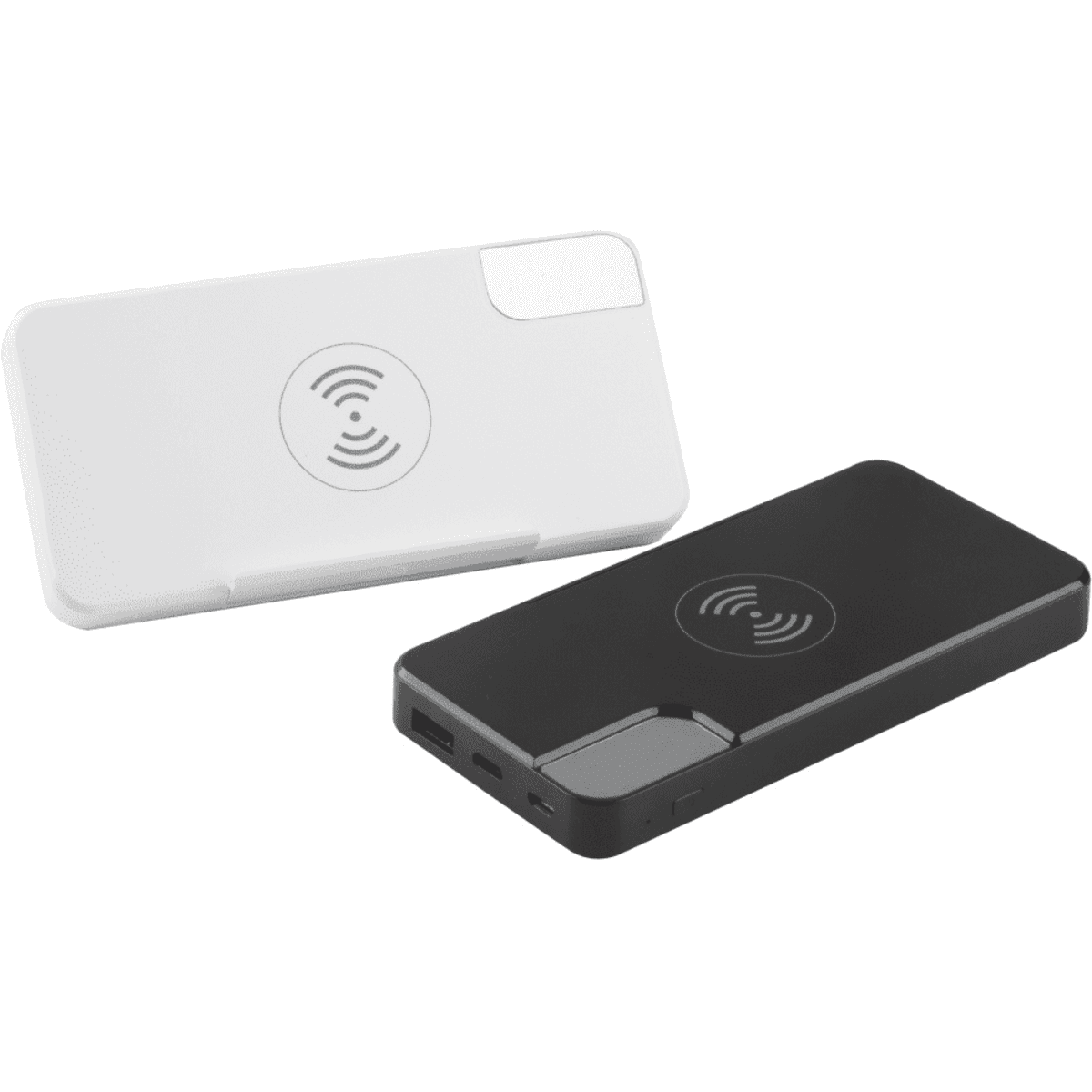A black and white powerbank with a wireless charging feature and a logo on the surface.