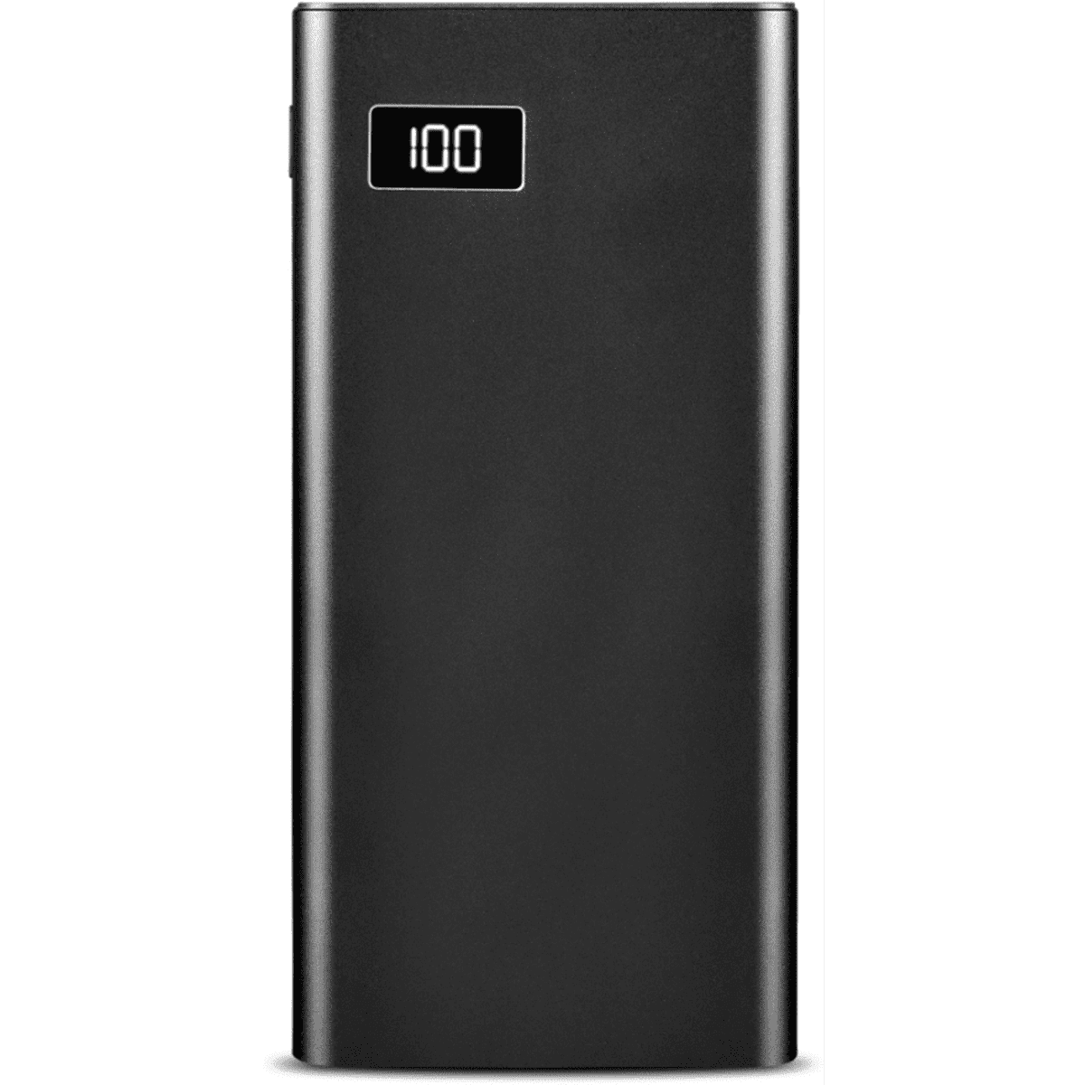 A power bank in black with a digital display indicating battery life. It has a sleek, minimalist design.