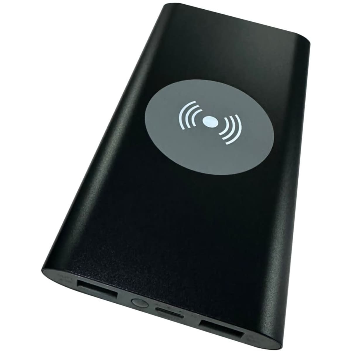 A black power bank with a wireless charging symbol and USB ports, featuring a sleek, minimalist design.