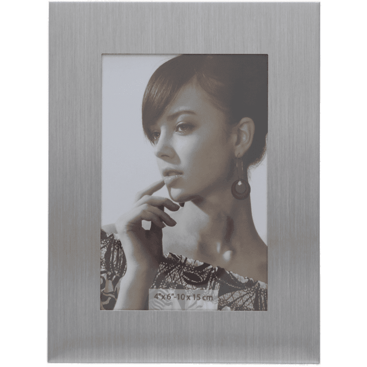 A silver photo frame with a brushed metal finish, displaying a portrait image in a 4x6 inch opening.