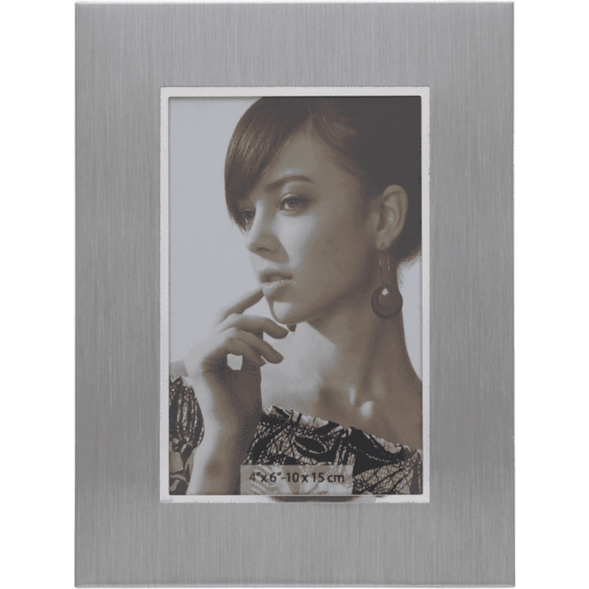 A silver photo frame featuring a portrait-style image, suitable for 10 x 15 cm photographs.