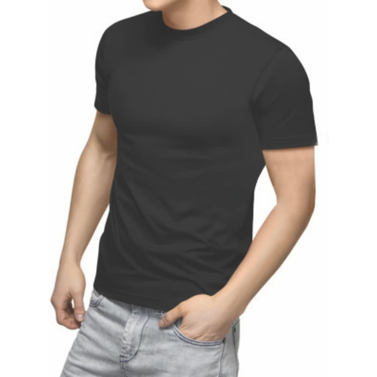 A plain black T-shirt displayed on a model, featuring a round neck and short sleeves.