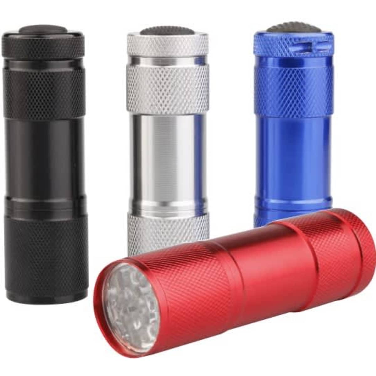 A set of four small torches in black, silver, blue, and red, featuring textured bodies and a front LED light.