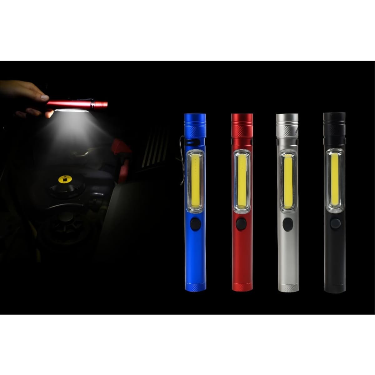 A set of four LED work lights in blue, red, silver, and black, featuring a transparent section and an on/off button.