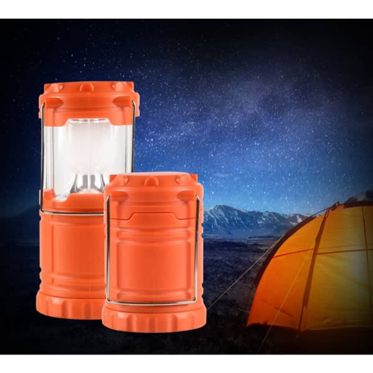 An orange camping lantern set against a starry night sky, with a tent in the background. One lantern is larger than the other.