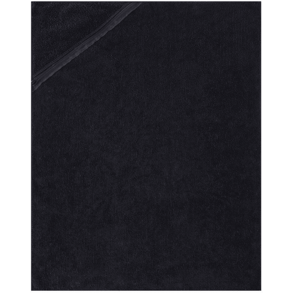 A soft black hand towel featuring a textured surface and a folded corner, with branding present.