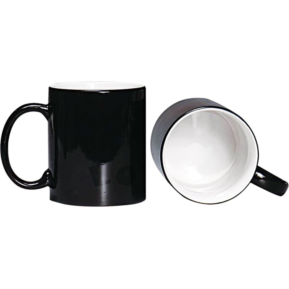 A coffee mug with a glossy black exterior and a white interior, featuring a handle and a simple design.