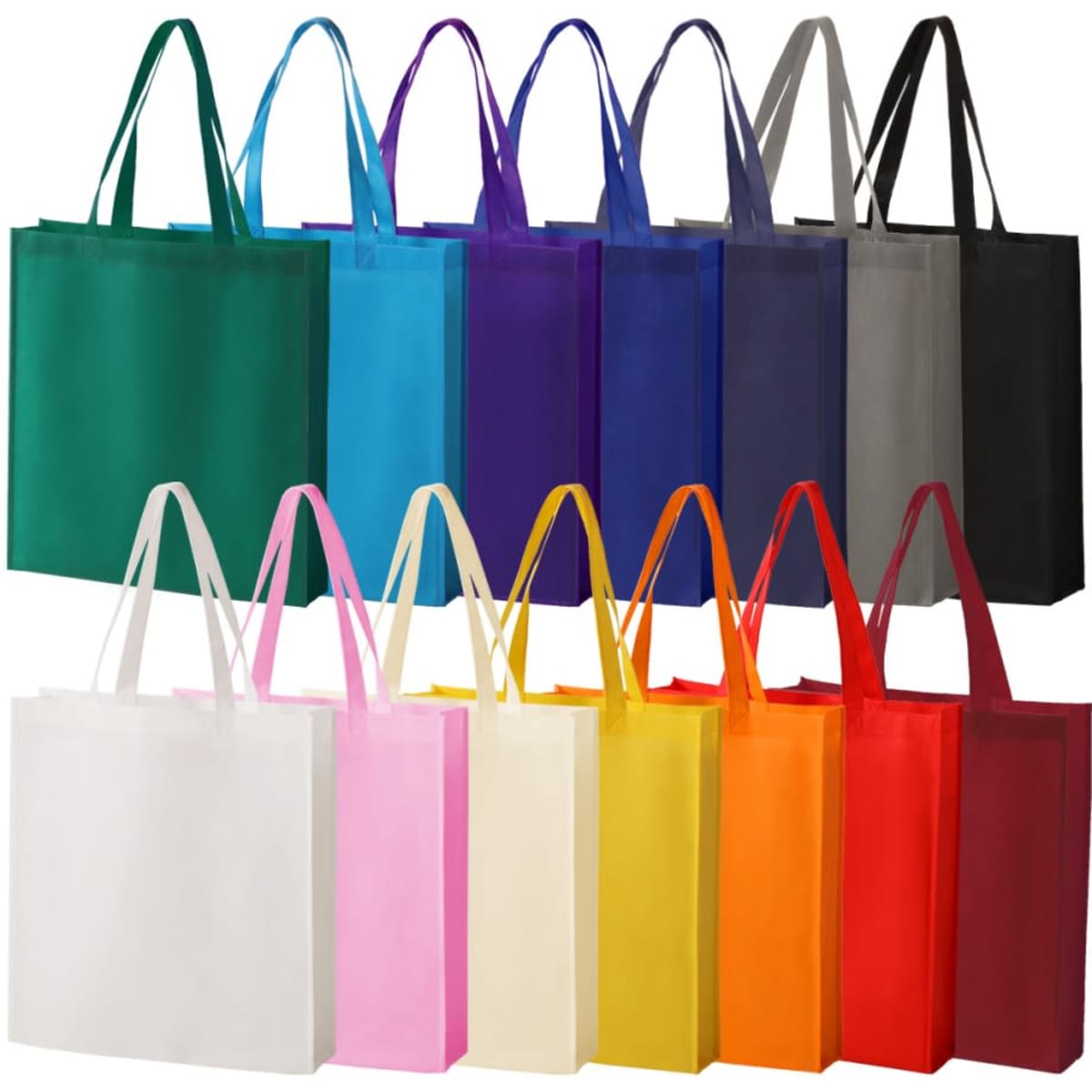 A collection of reusable tote bags in various colours, including green, blue, purple, black, and pink, with handles.