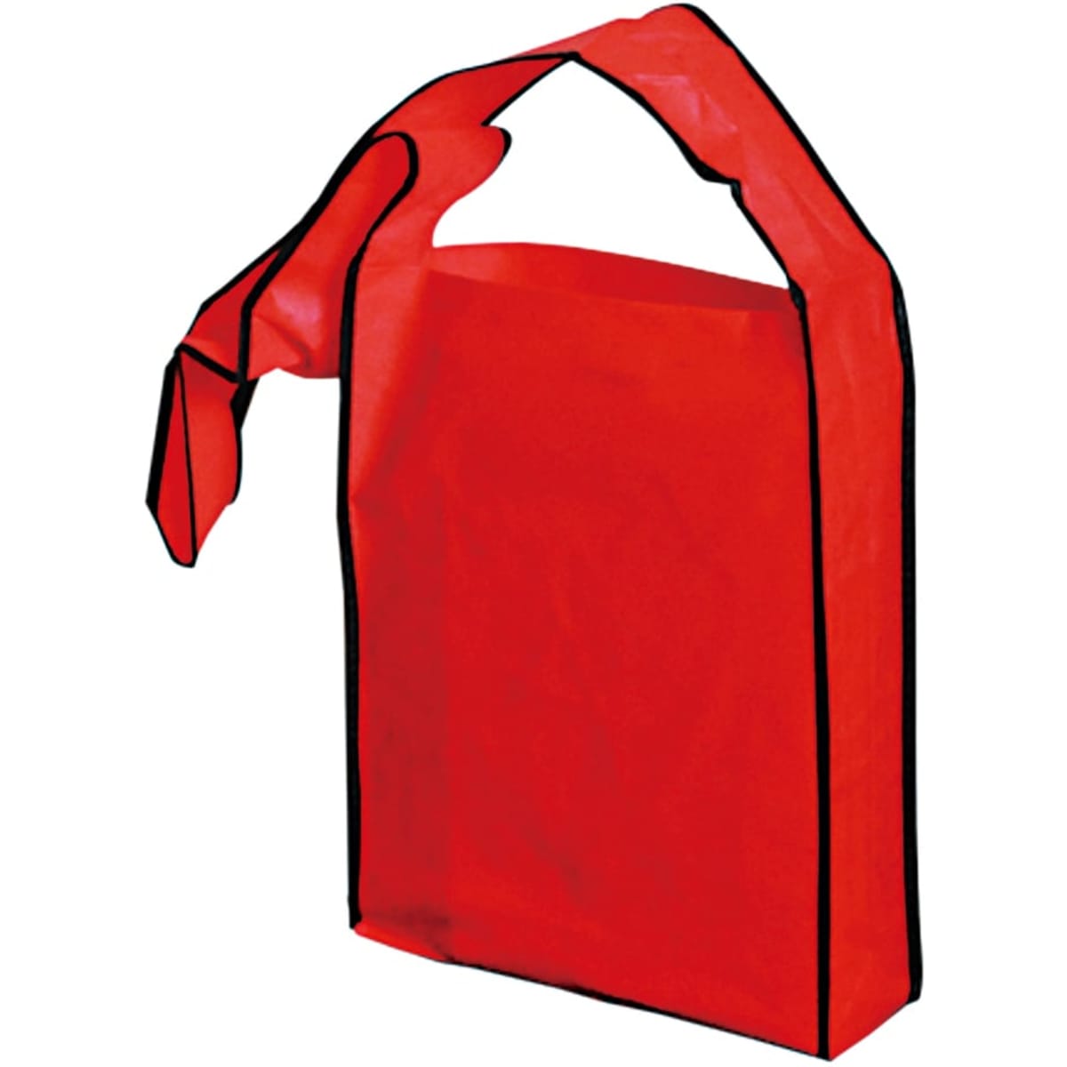 A red tote bag with a black trim and a handle, designed for carrying items.