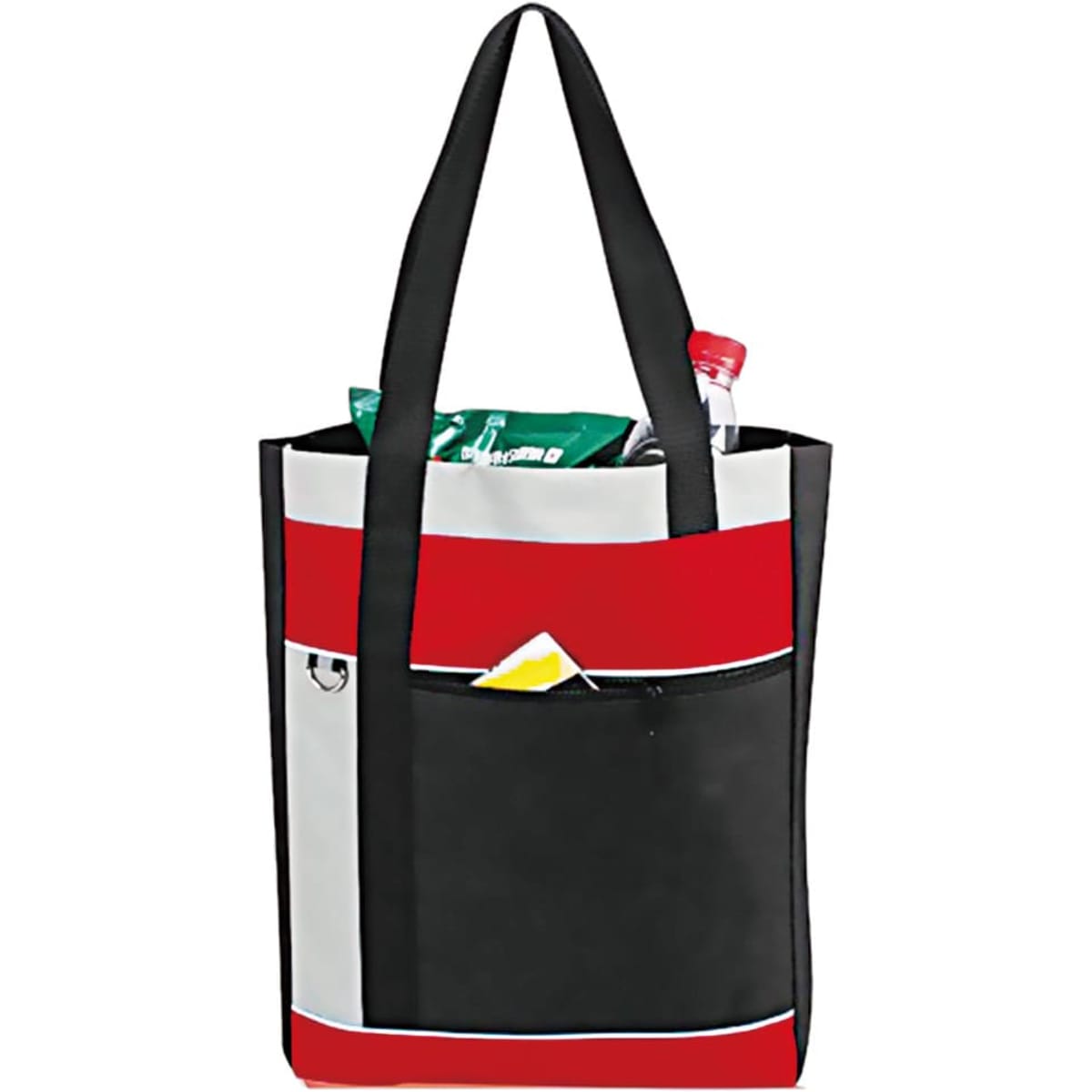 A tote bag in red, black, and grey with a front pocket, featuring a logo, and holding a drink bottle and snacks.