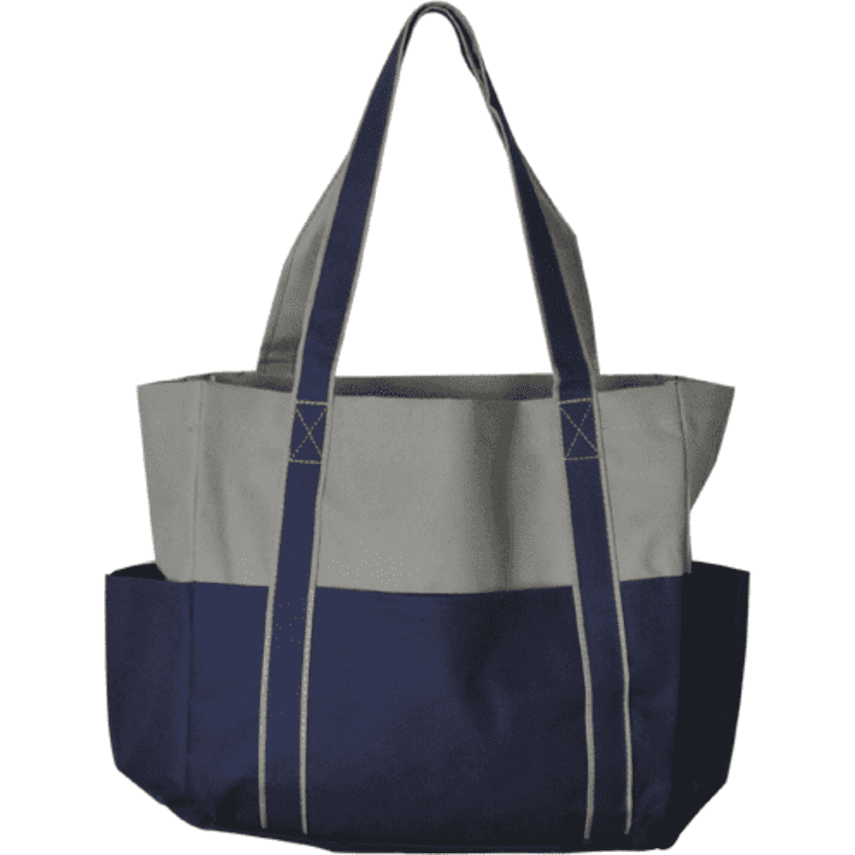 A tote bag in grey and navy with two handles and multiple pockets. It features a logo on the front.