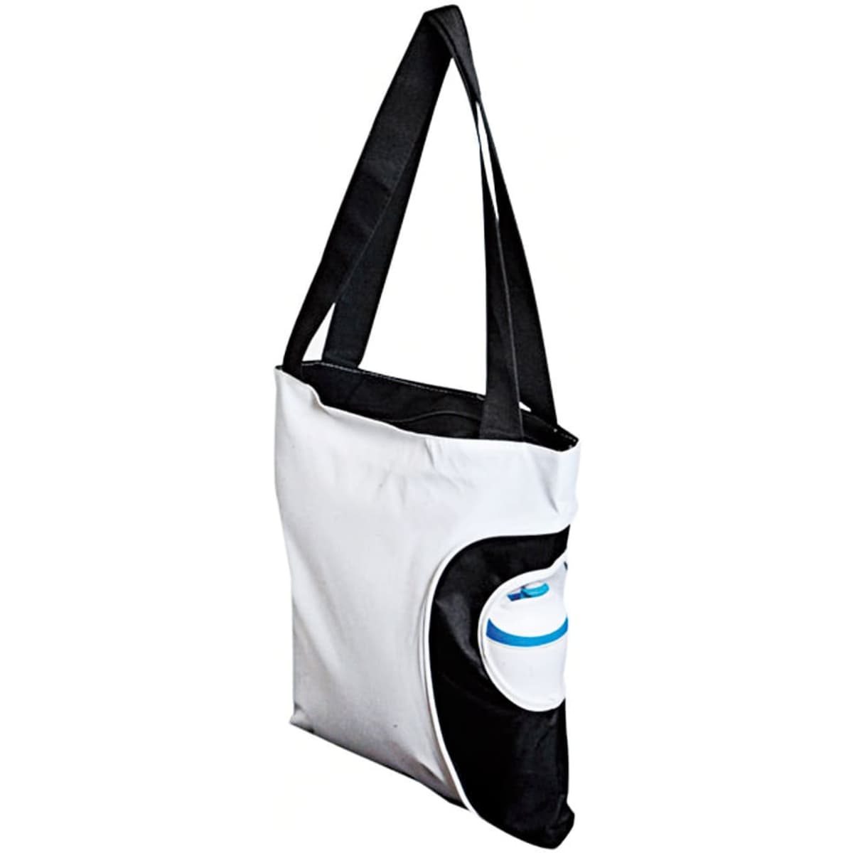 A reusable grocery bag in white and black, featuring a side pocket designed to hold a drink bottle.