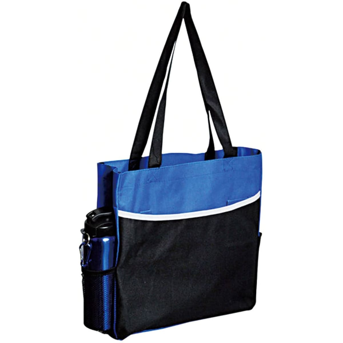 A tote bag with blue and black panels, featuring long straps and a side pocket for a drink bottle.