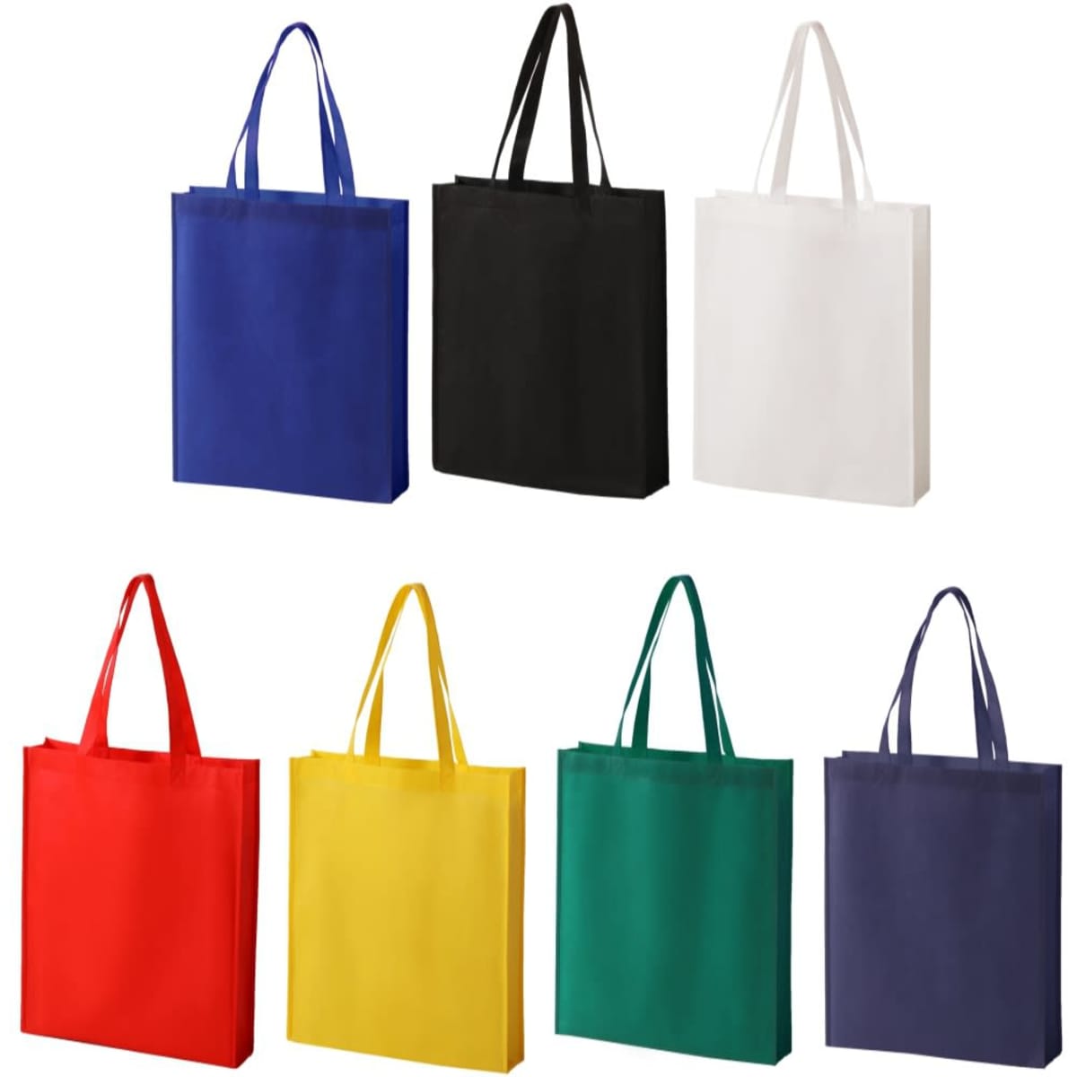 A collection of non-woven tote bags in blue, black, white, red, yellow, green, and dark blue, featuring handles.