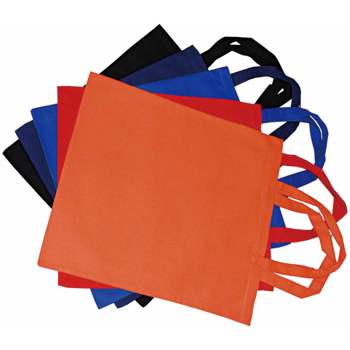 A collection of colourful reusable bags in orange, blue, black, and red with handles, stacked together.