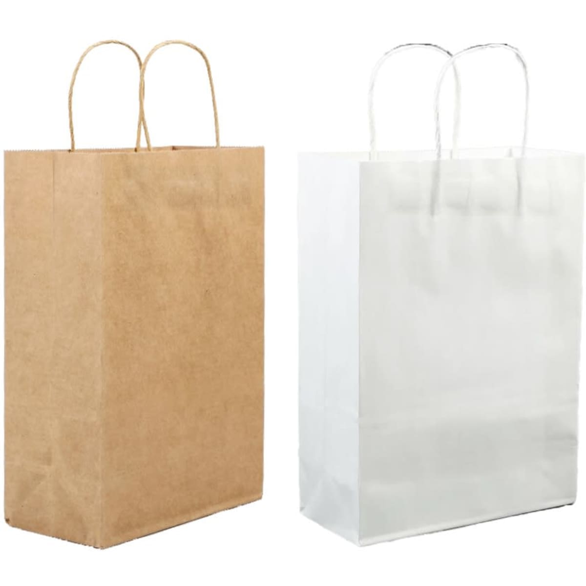 Two paper bags are displayed: one is brown kraft with twisted handles, and the other is plain white with twisted handles.