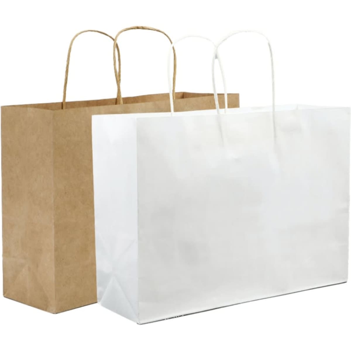 A set of two shopping bags, one brown kraft paper and one white paper, both with handles.
