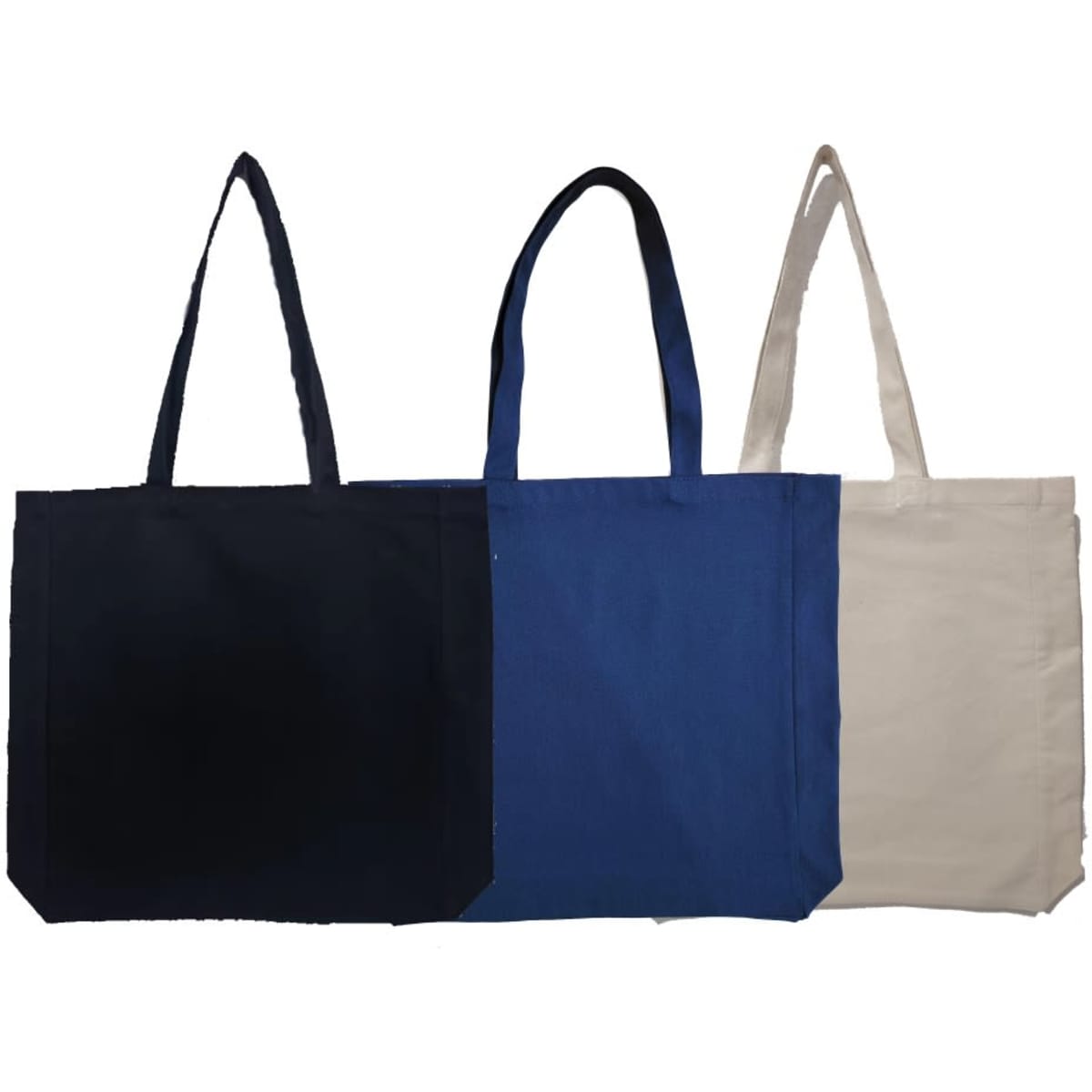 A set of three tote bags in navy blue, royal blue, and beige, featuring sturdy handles. Each bag has a simple design.