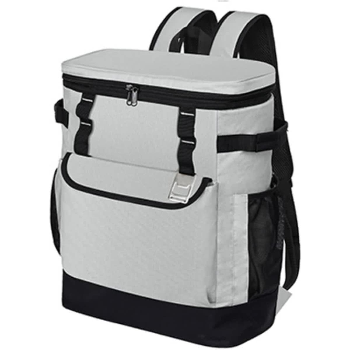 A grey and black cooler backpack features a zippered top, front pocket, and side mesh pocket, with adjustable shoulder straps.