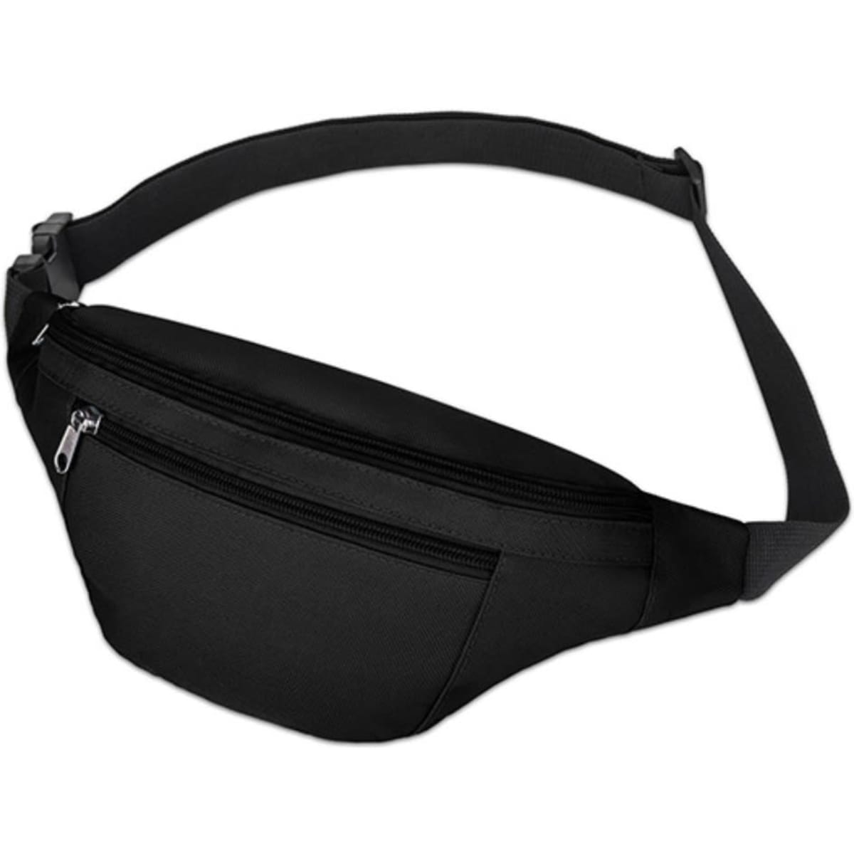 A black waist bag with multiple zippered compartments and an adjustable strap. It features a logo on the front.