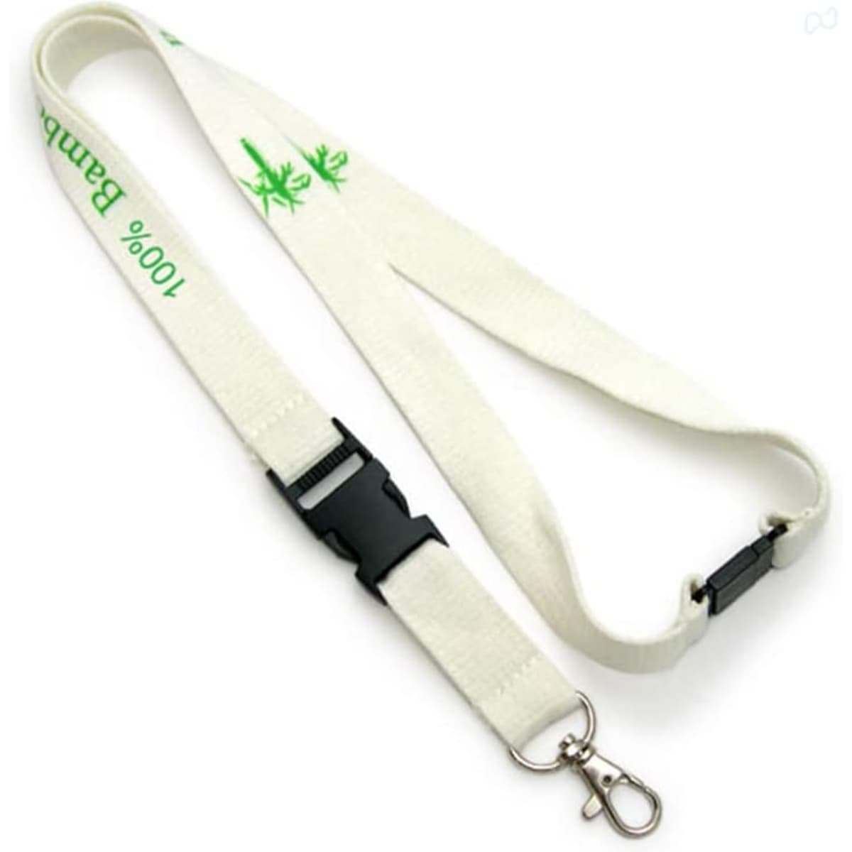 A biodegradable bamboo lanyard in cream colour, featuring a clip and adjustable buckle, with a logo.