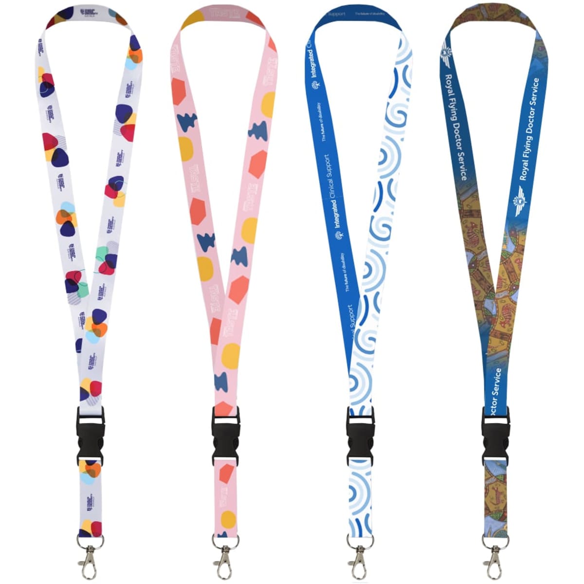 A set of four colourful polyester lanyards featuring various patterns and designs, each with a clip for attachment.