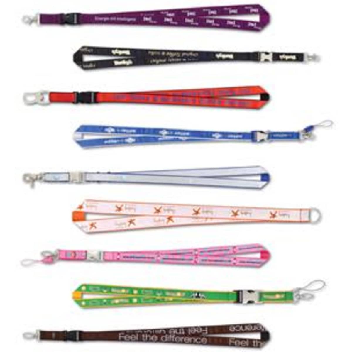 A variety of screen printed satin lanyards with woven polyester backing in multiple colours, each featuring a logo.