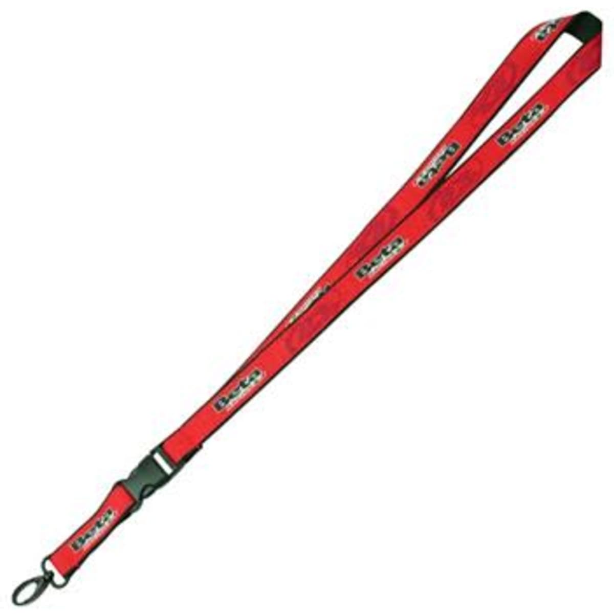 A vibrant red lanyard featuring a logo, made with woven polyester backing for durability.