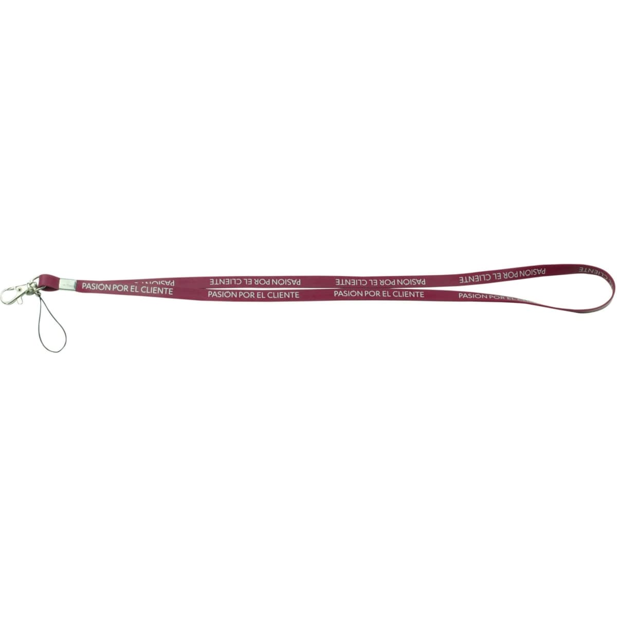 A maroon silicone lanyard with a logo, featuring white printed text along its length.
