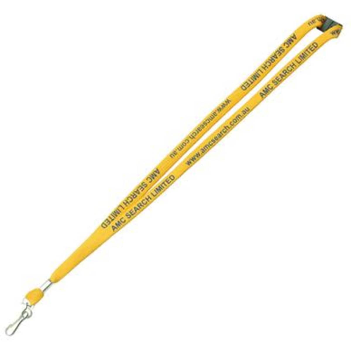 A yellow tubular bootlace lanyard with a metal clip and branding along its length.