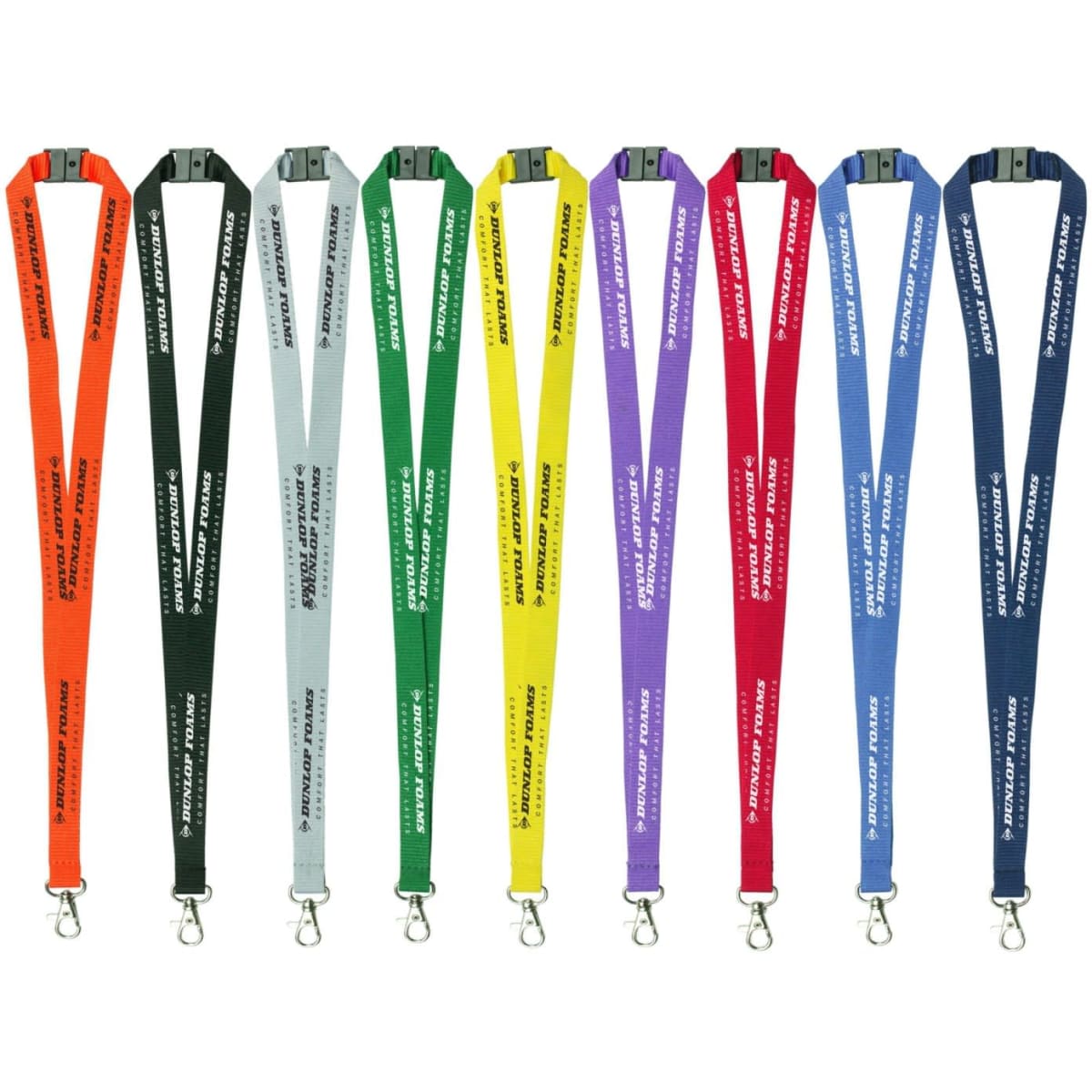 A set of polyester ribbed lanyards in various colours, featuring a clip and branding.