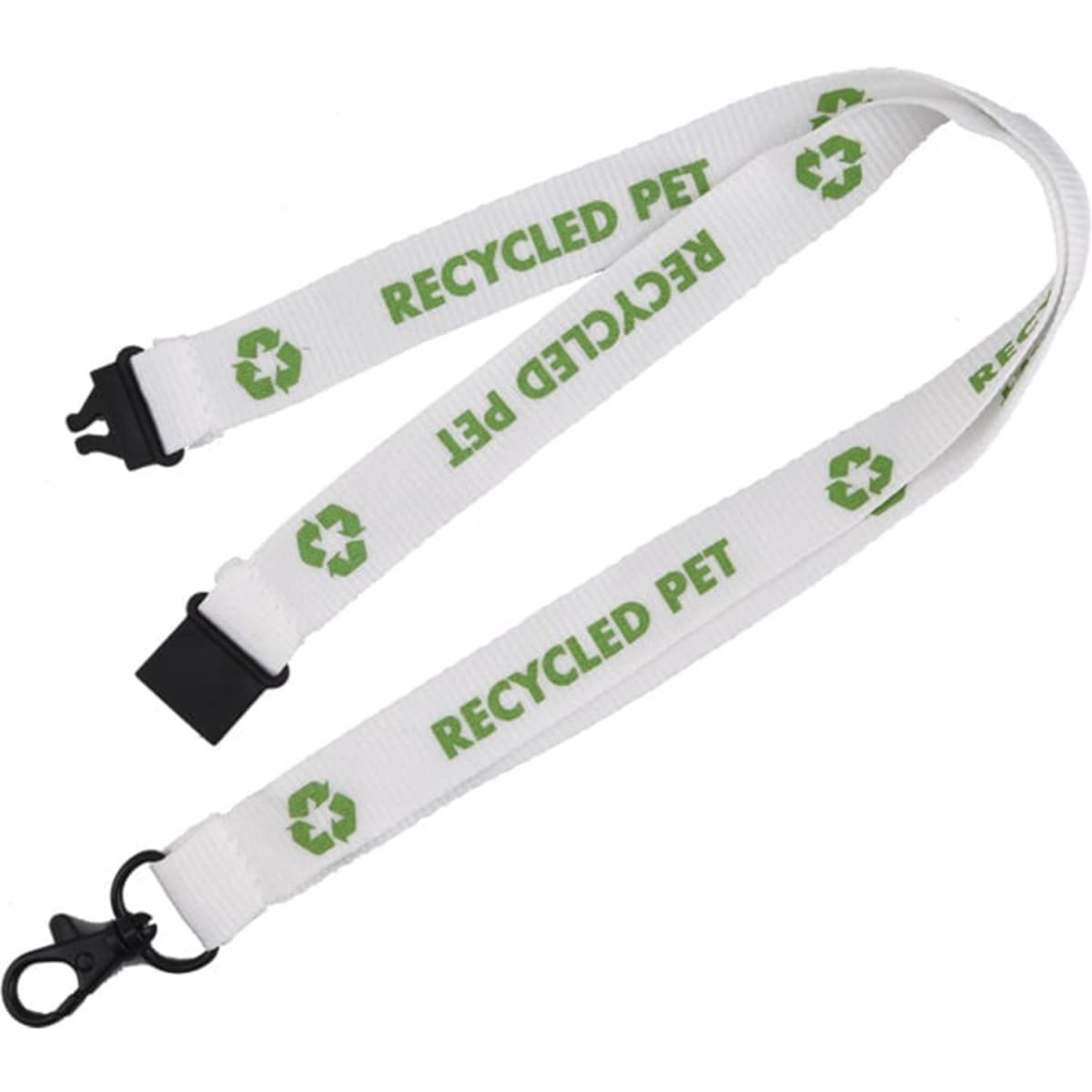A white lanyard with green branding for recycled PET, featuring clips at both ends.