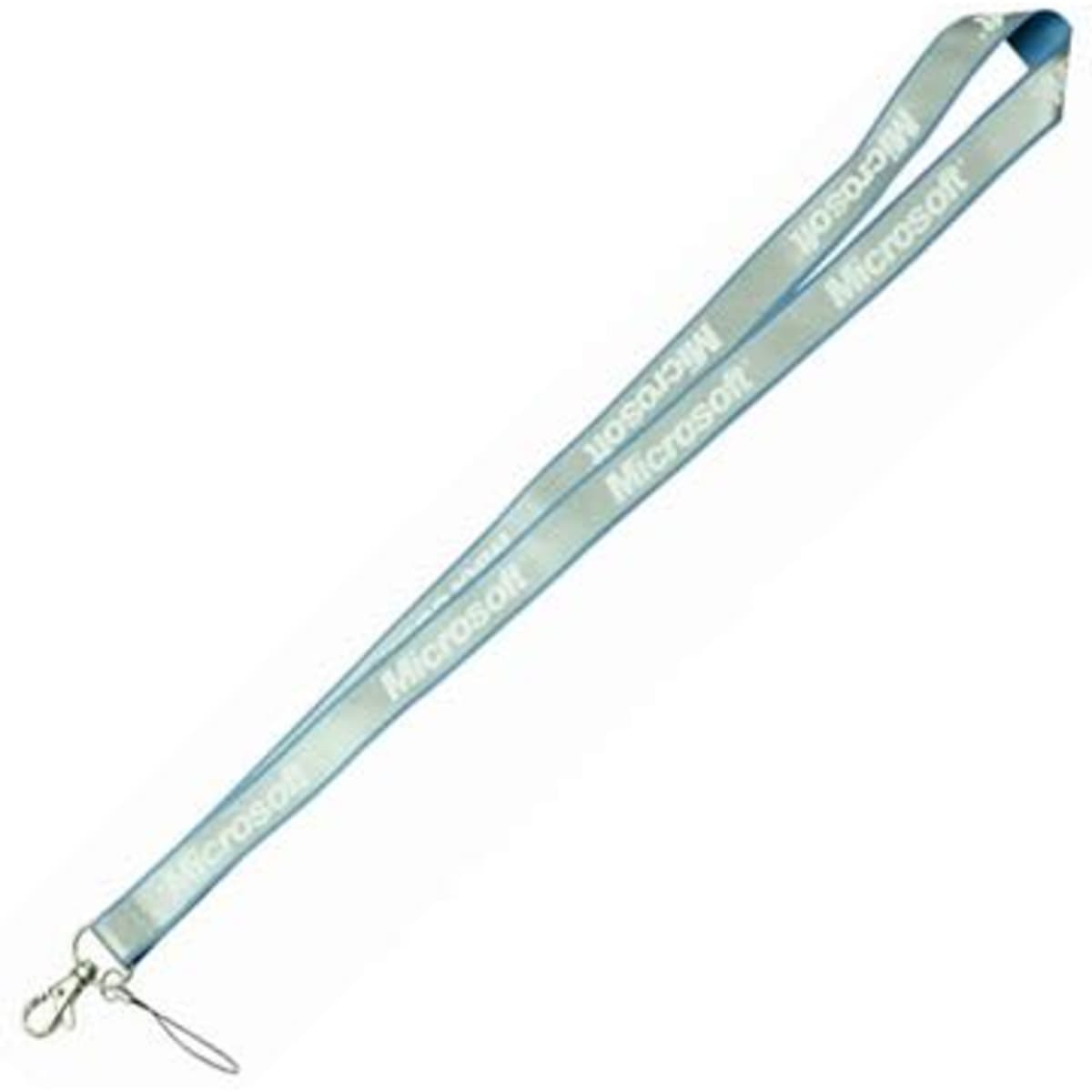 A reflective lanyard with a blue polyester backing, featuring a clip and a logo.