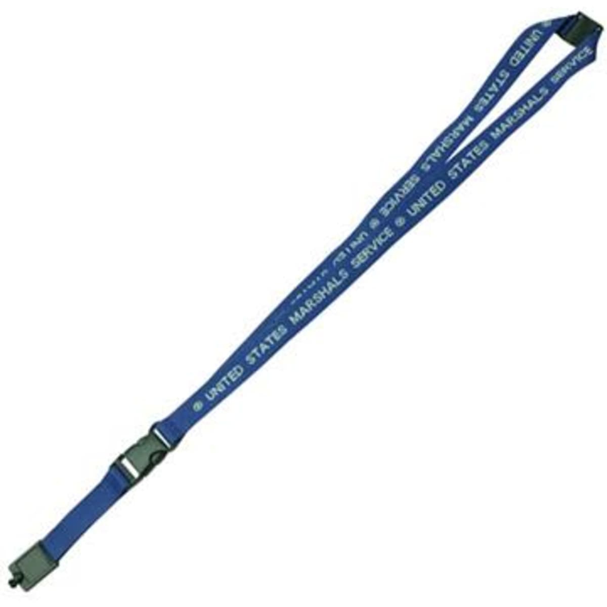 A blue woven lanyard featuring a logo and a clip for attachment.