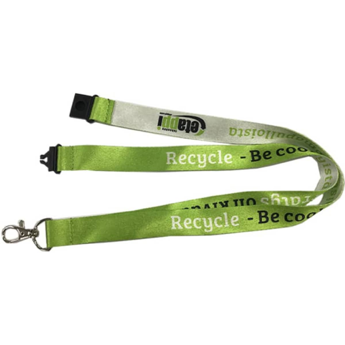 A green lanyard with a silver section, featuring a clip and branding. Designed for full colour sublimation printing.