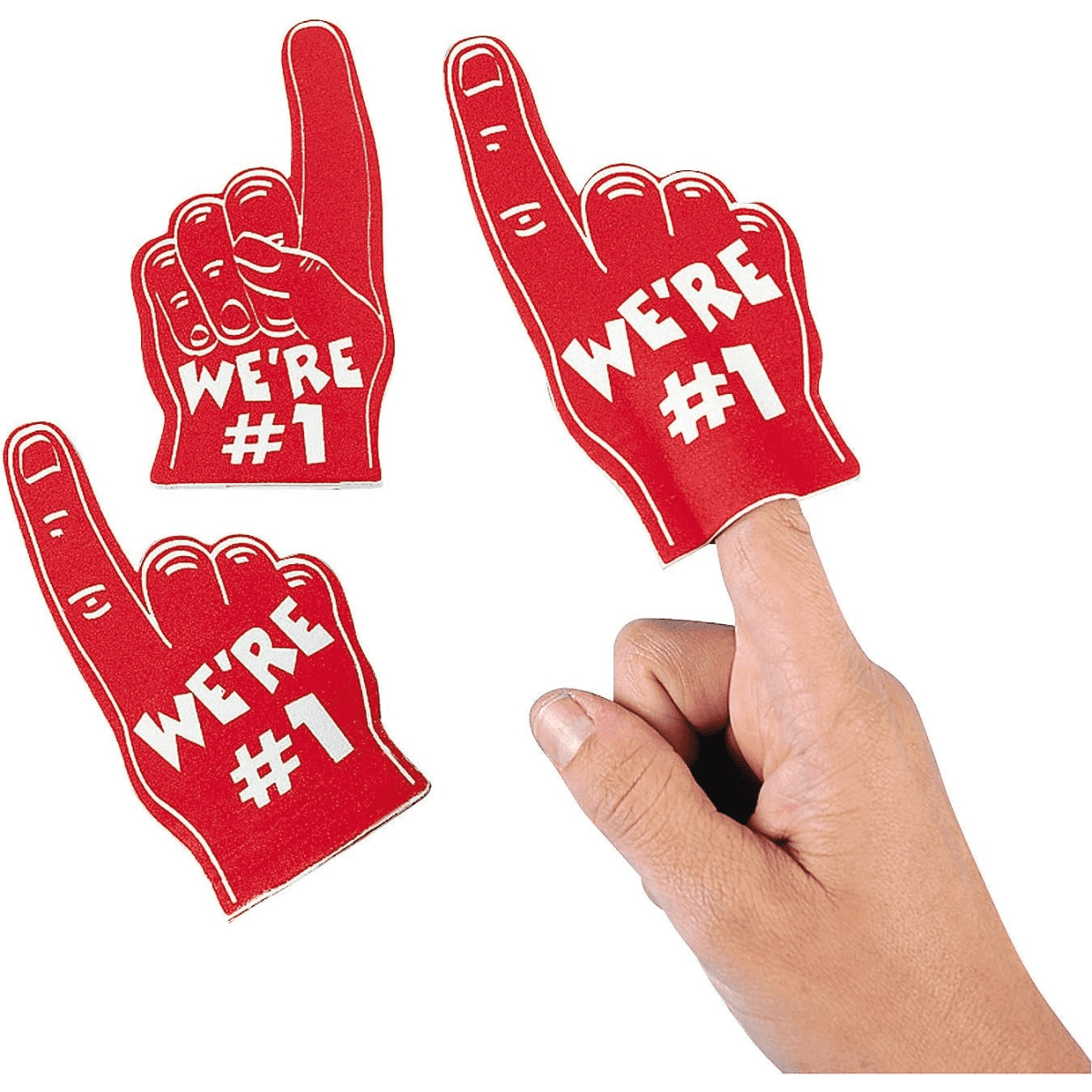 A hand holding a red mini foam finger, with two additional foam fingers nearby, all featuring a number one design.