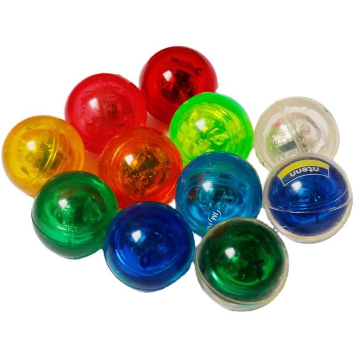 A collection of colourful, LED light-up bouncy balls in red, green, blue, yellow, and clear. Contains a prominent logo.