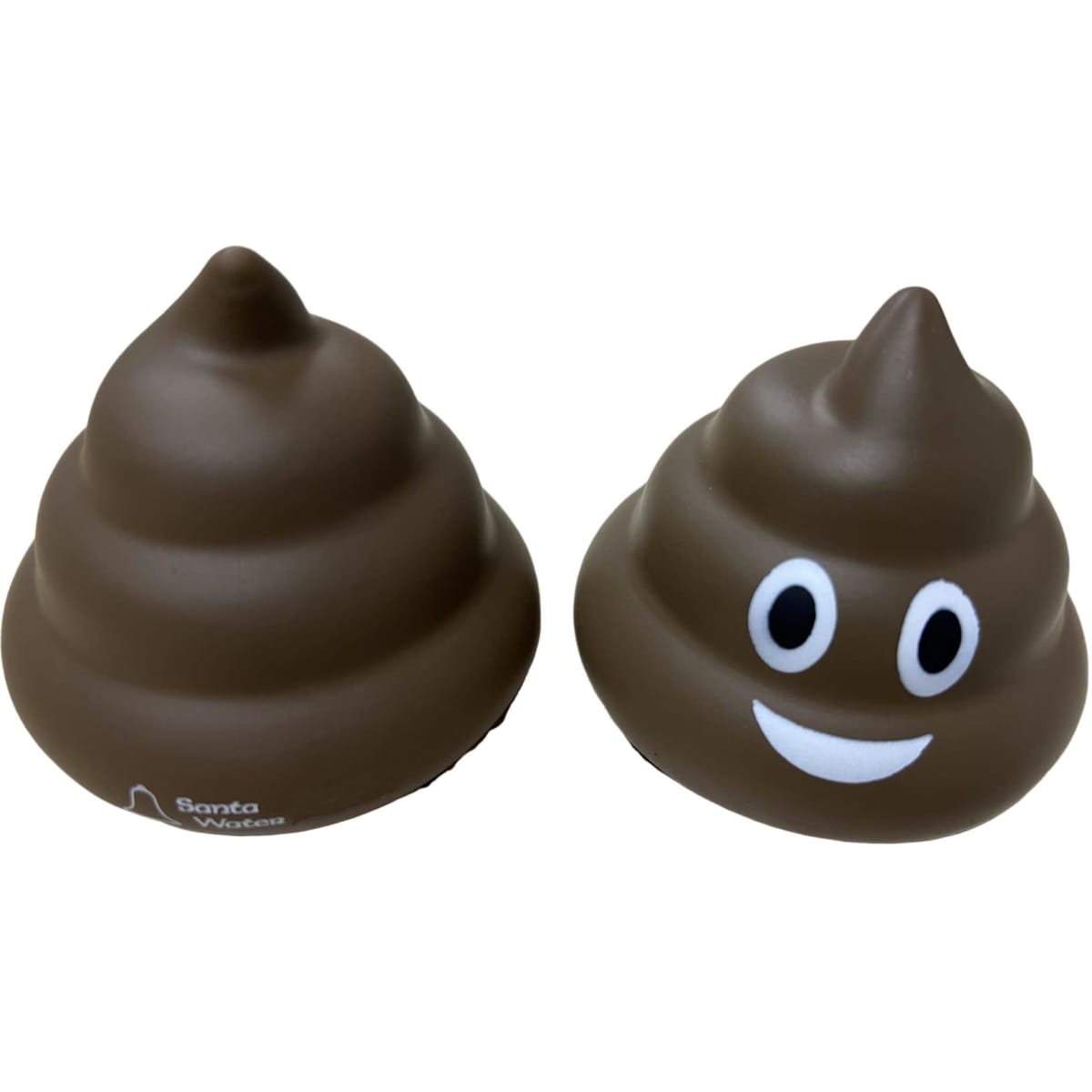 A brown, poop-shaped stress reliever with a smiling face and a small logo on one side.